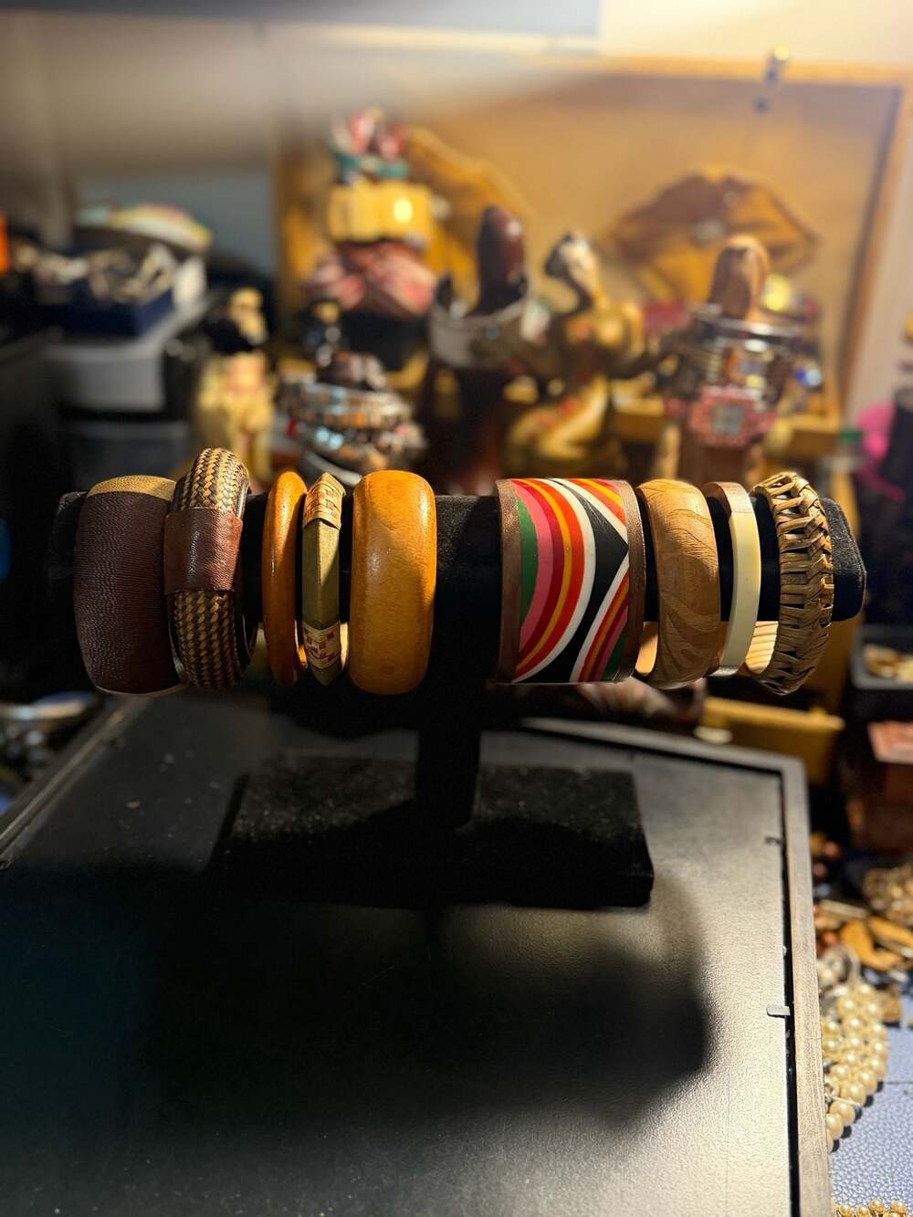 Set of 9 Assorted Vintage Style Wood, Rattan, and Resin Tribal Bangle Bracelets
